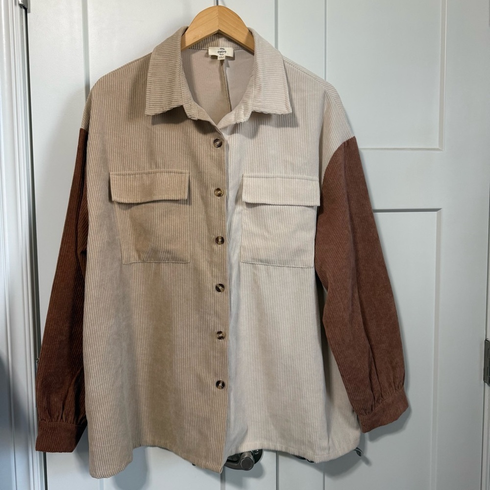 ENTRO Colorblock Corduroy Shacket Brown Ivory Tan oversized jacket size large